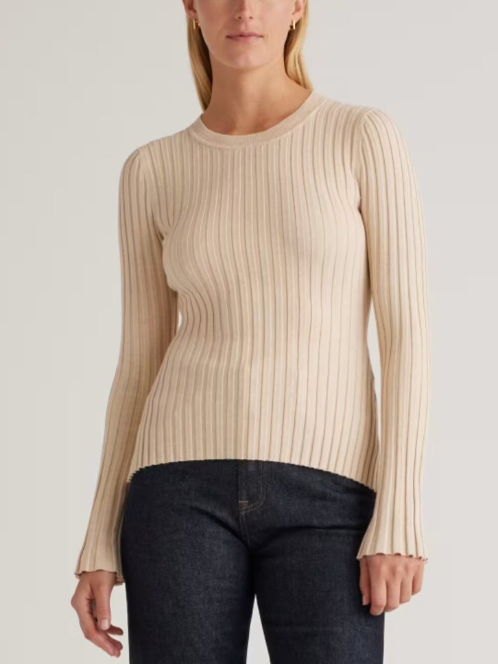 Quince Lightweight Cotton Cashmere Ribbed Long Sleeve Top Heather Oatmeal Medium